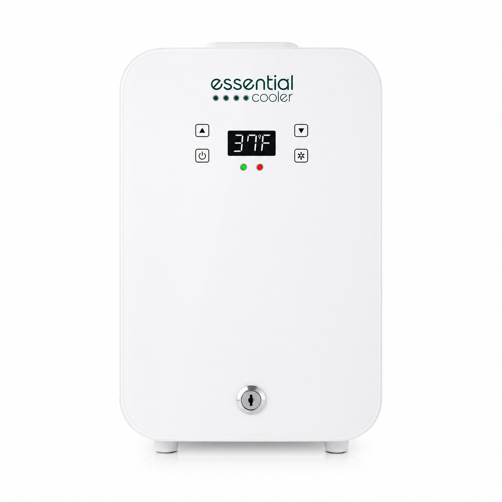 Essential Cooler Classic - Compact Portable Mini Fridge - 37°F-64°F Temp Control, Removable Shelves, Smoked Glass Door with Lock for Medicine, Peptides, Skincare, Cosmetics, Supplements & More