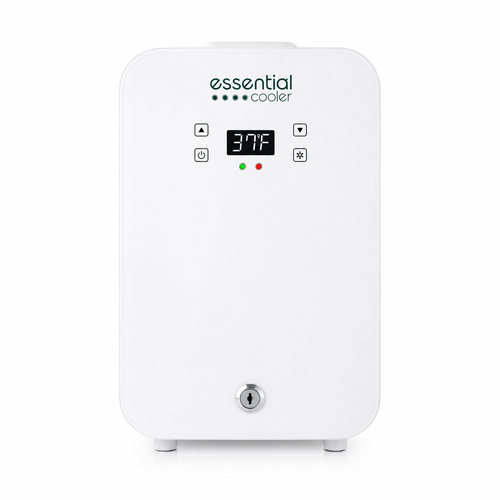 Essential Cooler Classic - Compact Portable Mini Fridge - 37°F-64°F Temp Control, Removable Shelves, Smoked Glass Door with Lock for Medicine, Peptides, Skincare, Cosmetics, Supplements & More