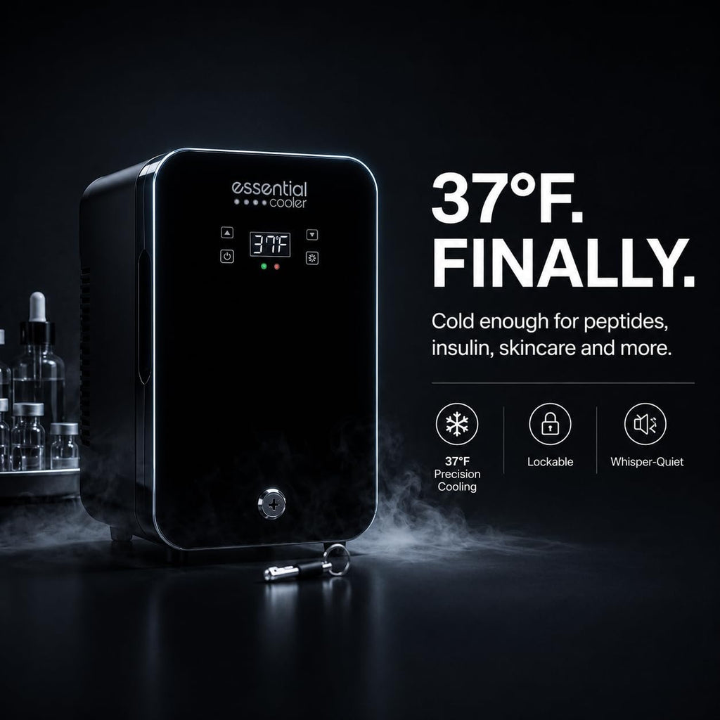Essential Cooler Classic - Compact Portable Mini Fridge - 37°F-64°F Temp Control, Removable Shelves, Smoked Glass Door with Lock for Medicine, Peptides, Skincare, Cosmetics, Supplements & More