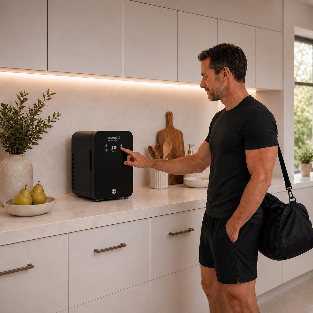 Essential Cooler Classic - Compact Portable Mini Fridge - 37°F-64°F Temp Control, Removable Shelves, Smoked Glass Door with Lock for Medicine, Peptides, Skincare, Cosmetics, Supplements & More