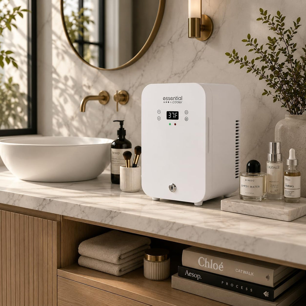 Essential Cooler Classic - Compact Portable Mini Fridge - 37°F-64°F Temp Control, Removable Shelves, Smoked Glass Door with Lock for Medicine, Peptides, Skincare, Cosmetics, Supplements & More