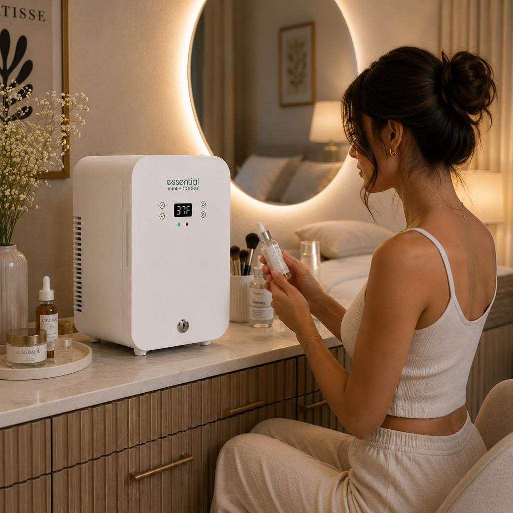 Essential Cooler Classic - Compact Portable Mini Fridge - 37°F-64°F Temp Control, Removable Shelves, Smoked Glass Door with Lock for Medicine, Peptides, Skincare, Cosmetics, Supplements & More