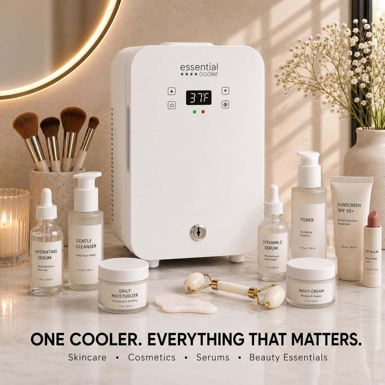 Essential Cooler Classic - Compact Portable Mini Fridge - 37°F-64°F Temp Control, Removable Shelves, Smoked Glass Door with Lock for Medicine, Peptides, Skincare, Cosmetics, Supplements & More
