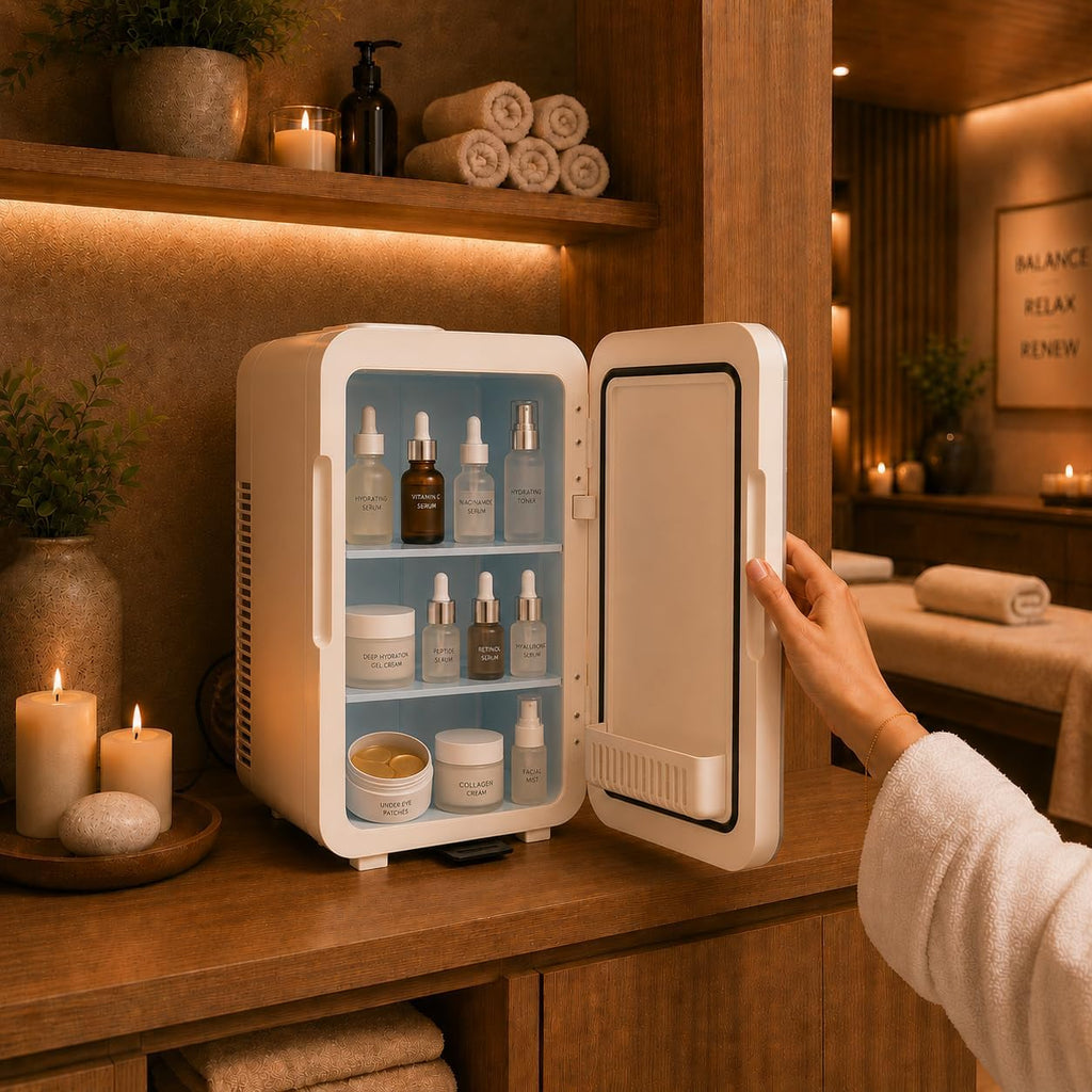 Essential Cooler Classic - Compact Portable Mini Fridge - 37°F-64°F Temp Control, Removable Shelves, Smoked Glass Door with Lock for Medicine, Peptides, Skincare, Cosmetics, Supplements & More