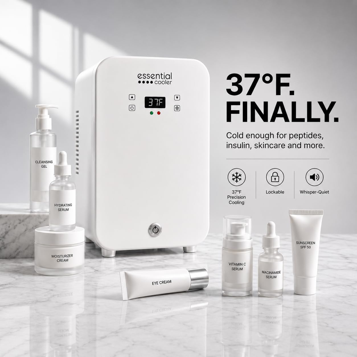 Essential Cooler Classic - Compact Portable Mini Fridge - 37°F-64°F Temp Control, Removable Shelves, Smoked Glass Door with Lock for Medicine, Peptides, Skincare, Cosmetics, Supplements & More