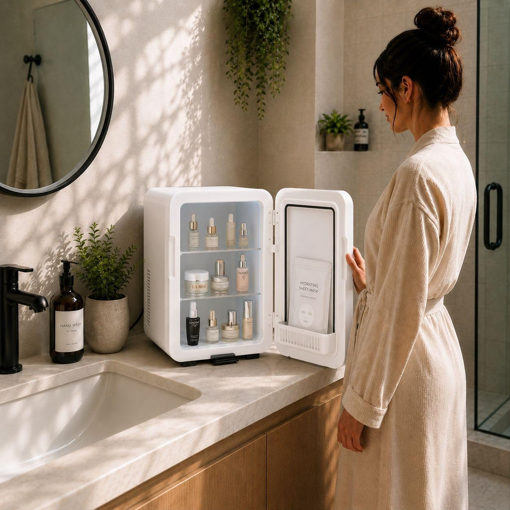 Essential Cooler Classic - Compact Portable Mini Fridge - 37°F-64°F Temp Control, Removable Shelves, Smoked Glass Door with Lock for Medicine, Peptides, Skincare, Cosmetics, Supplements & More